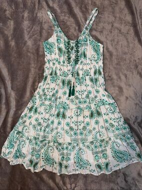 Magic White and Teal Paisley Sundress with Gold Accents